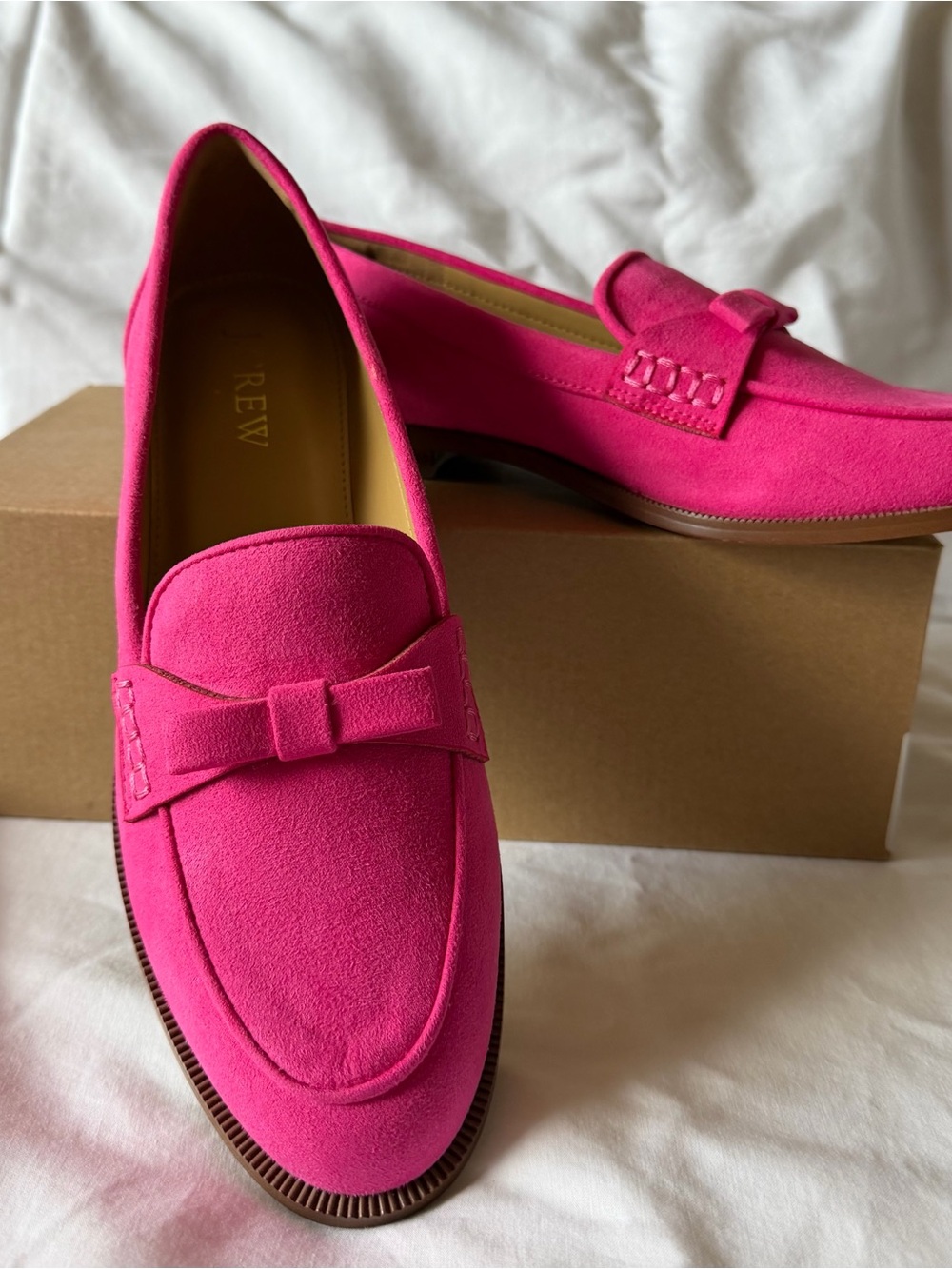 J. Crew Bright Pink Suede Bow Loafers